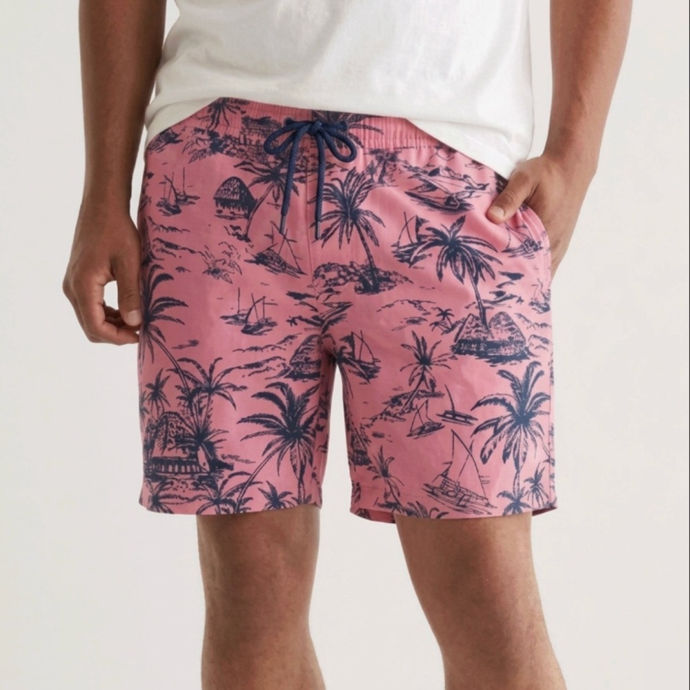 LUCKY BRAND Mens Saturday Stretch True Swim Short Pink Navy Tropical Hawaiian XL